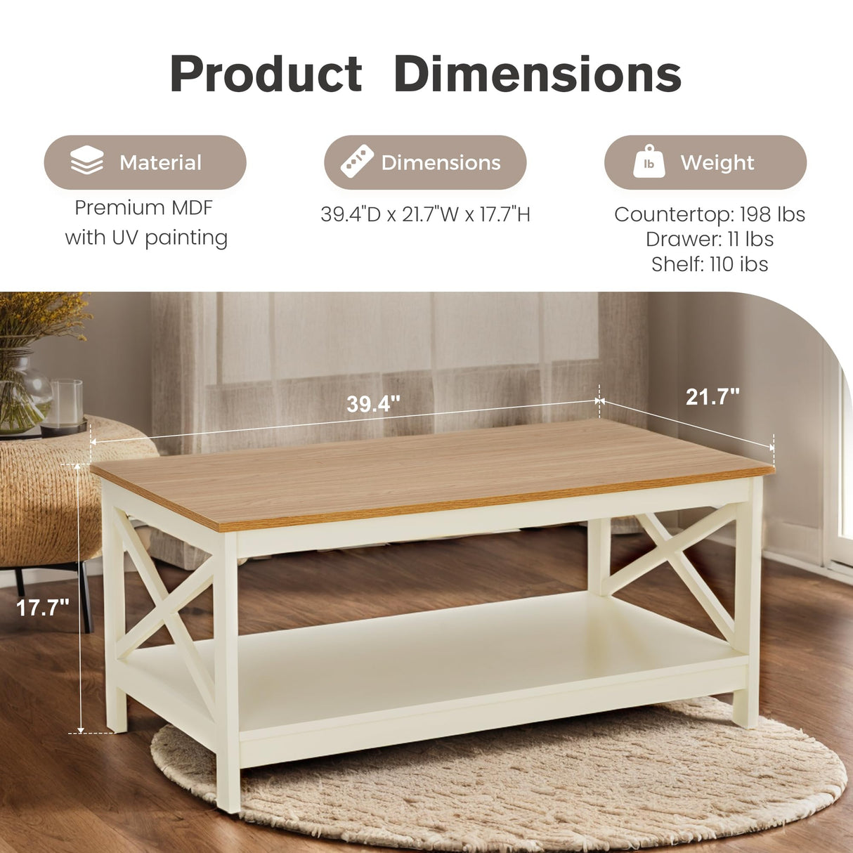 PHI VILLA Farmhouse Coffee Table for Living Room, White Coffee Tables with Storage Rustic Style Modern PHI VILLA