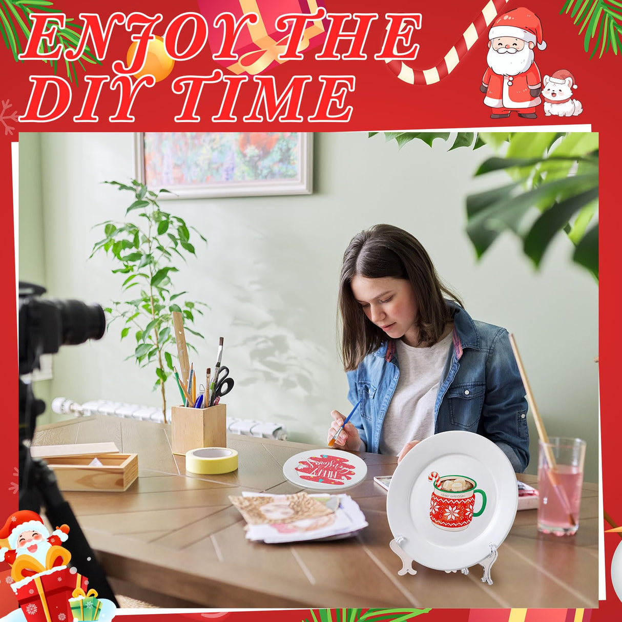 Affrolling Paint Your Own Porcelain Plates Ceramic Painting Kit Included 2 Pcs Porcelain Plates 2 Brushes 12 Paints 2 Stands Paint and 1 Pcs Color Palette, Pottery Kit for Adults(Round) Affrolling