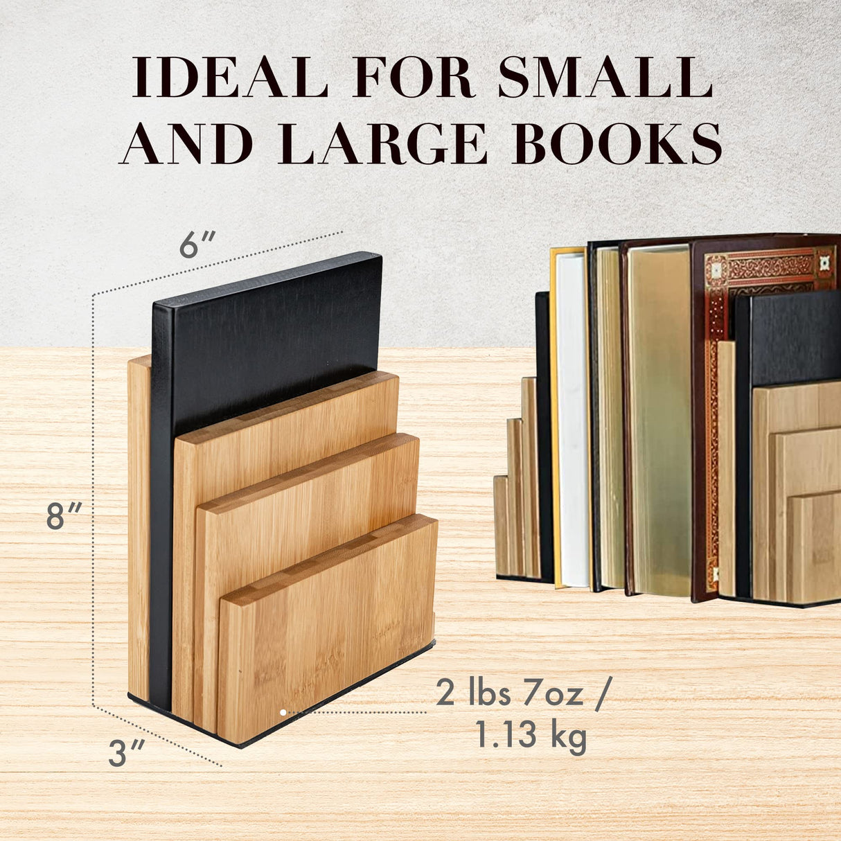 JUSK Design Bamboo Book End/Book Organizer - Non-Skid Decorative Bookends for Office and Home - Book Holders for Shelves - Substantial Weight - Holds Heavy Books JUSK