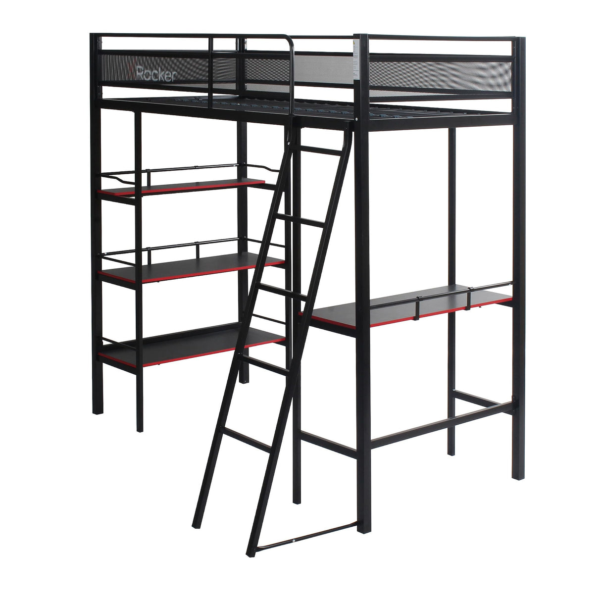 X Rocker Fortress Video Gaming Twin Loft Bed, Durable Black Metal Bed Frame, Built-in Desk and 3 Shelves, 77.64" x 59.17" x 72.05" X Rocker