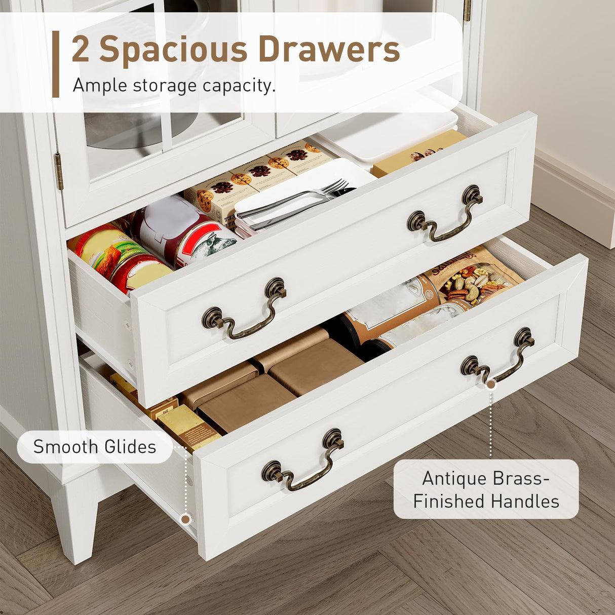 RALGEND 71'' Tall Arched Pantry Cabinet, Farmhouse Kitchen Pantry Cabinet with Glass Doors, Adjustable Shelves and 2 Large Drawers, Versatile Cupboard for Kitchen, Dining Room, White RALGEND