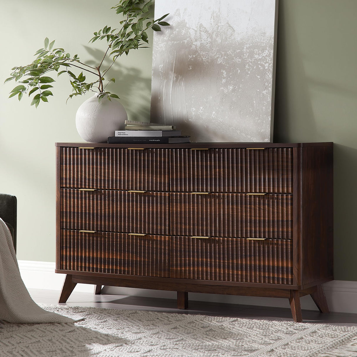 T4TREAM Fluted 6 Drawers Dresser, 54" Wide Modern Chest of Drawers, Curved Profile Design, Dresser TV Stand, Wood Drawer Organizer for Bedroom, Living Room, Hallway, Dark Walnut T4TREAM