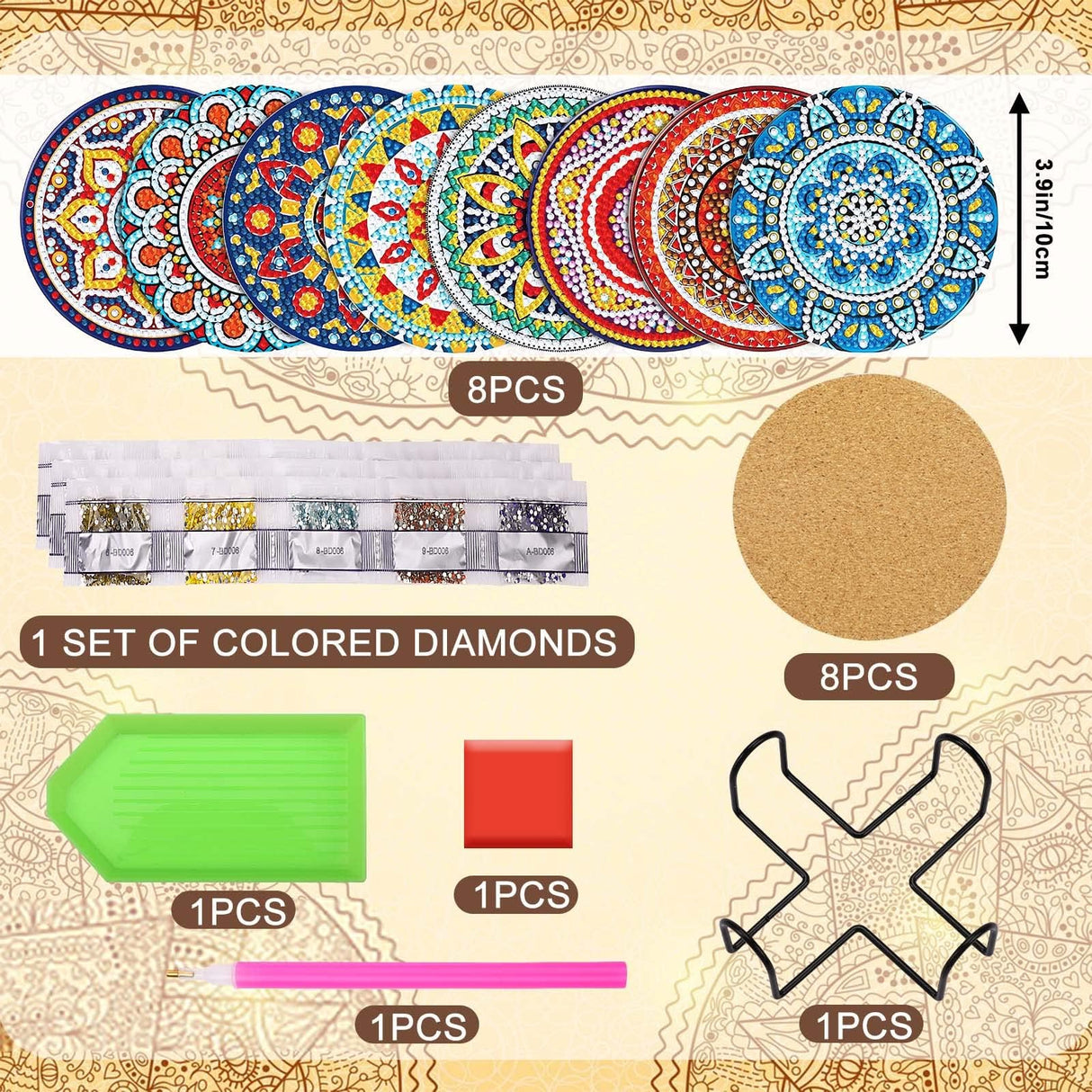UPINS 8Pcs Mandala Diamond Art Painting Art Coasters Kits with Holder, Diamond Art Non Slip Coaster Kits DIY with Holder Crafts for Adults Diamond Art Painting Kits Supplies for Christmas Gift UPINS