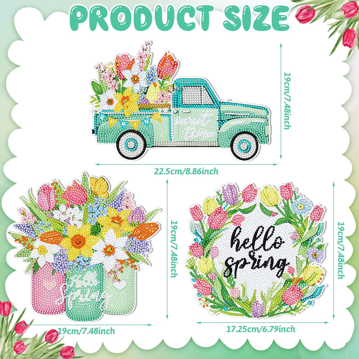 Menkxi 3 Pcs Spring Flowers Diamond Painting Kit DIY Spring Diamond Painting Hanging Sign Crystal Rhinestone Door Sign Wall Hanging Crafts for Beginners Gift Home Wall Window Decor Menkxi