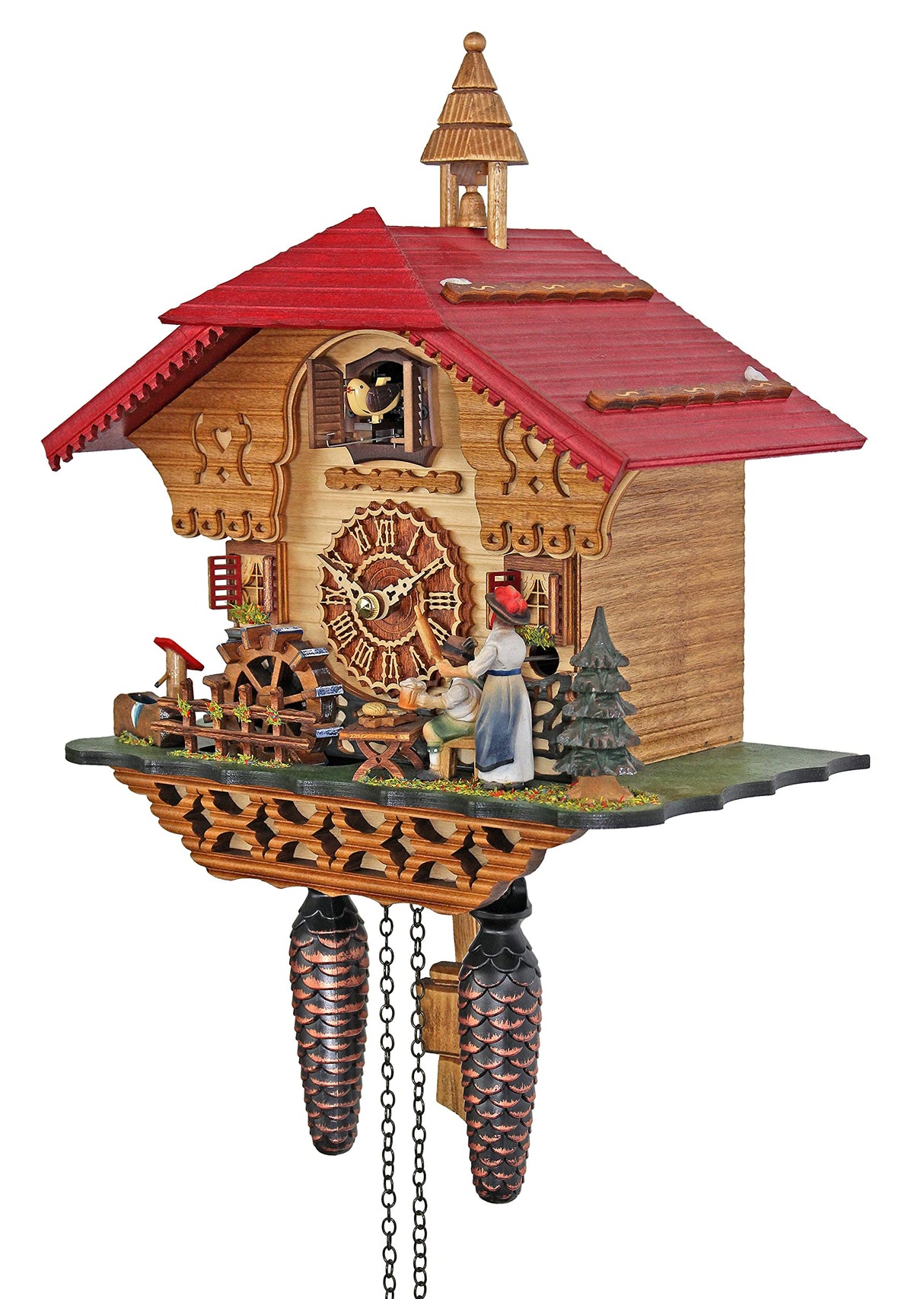 Trenkle Quartz Cuckoo Clock Black Forest House with Moving Black Forest Woman and Mill Wheel, with Music TU 4215 QM Trenkle