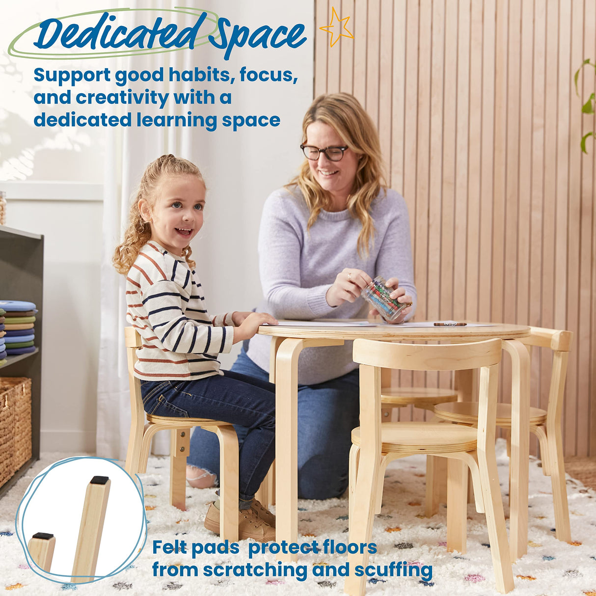 ECR4Kids Bentwood Round Table and Curved Back Chair Set, Kids Furniture, Natural, 5-Piece ECR4Kids