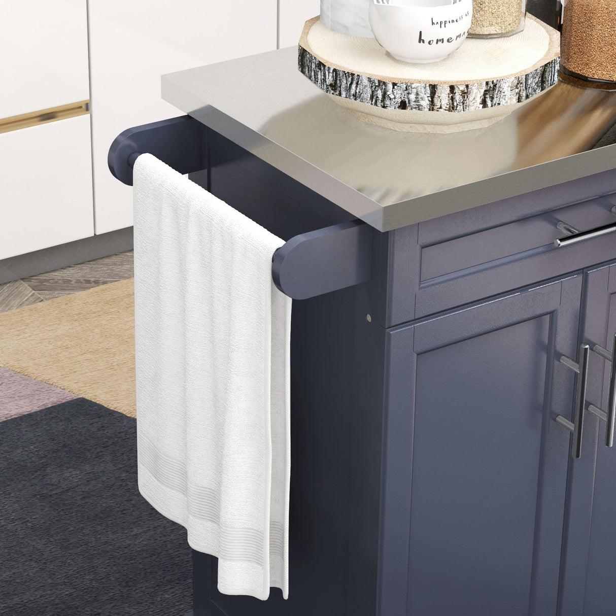 HOMCOM Kitchen Island on Wheels, Rolling Kitchen Cart with Stainless Steel Countertop, Drawer, Towel Rack and Spice Rack, Utility Storage Trolley, Deep Blue HOMCOM