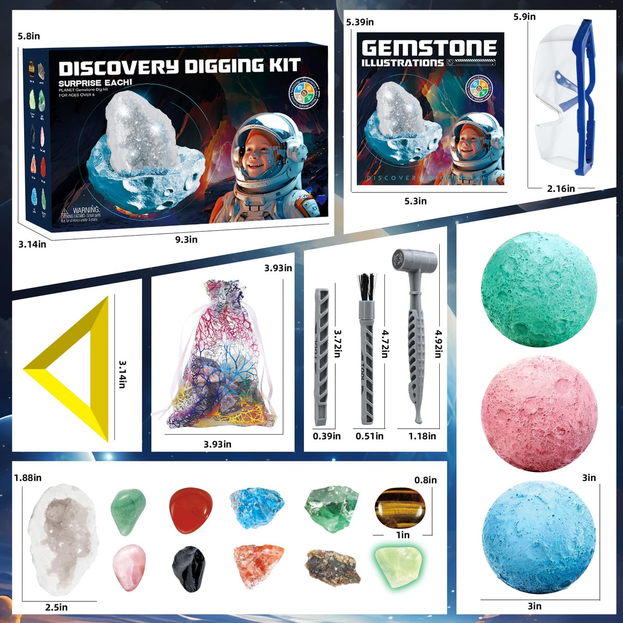Woumserta Gemstone Dig Kits, Space Science Kits for Kids Age 6-7 8-12, Gem & Geodes Collcetion Kit Toys for Boys Girls, Rock Gifts for 6 7 8 9 Year Old Boys Girls Birthday Gift Woumserta
