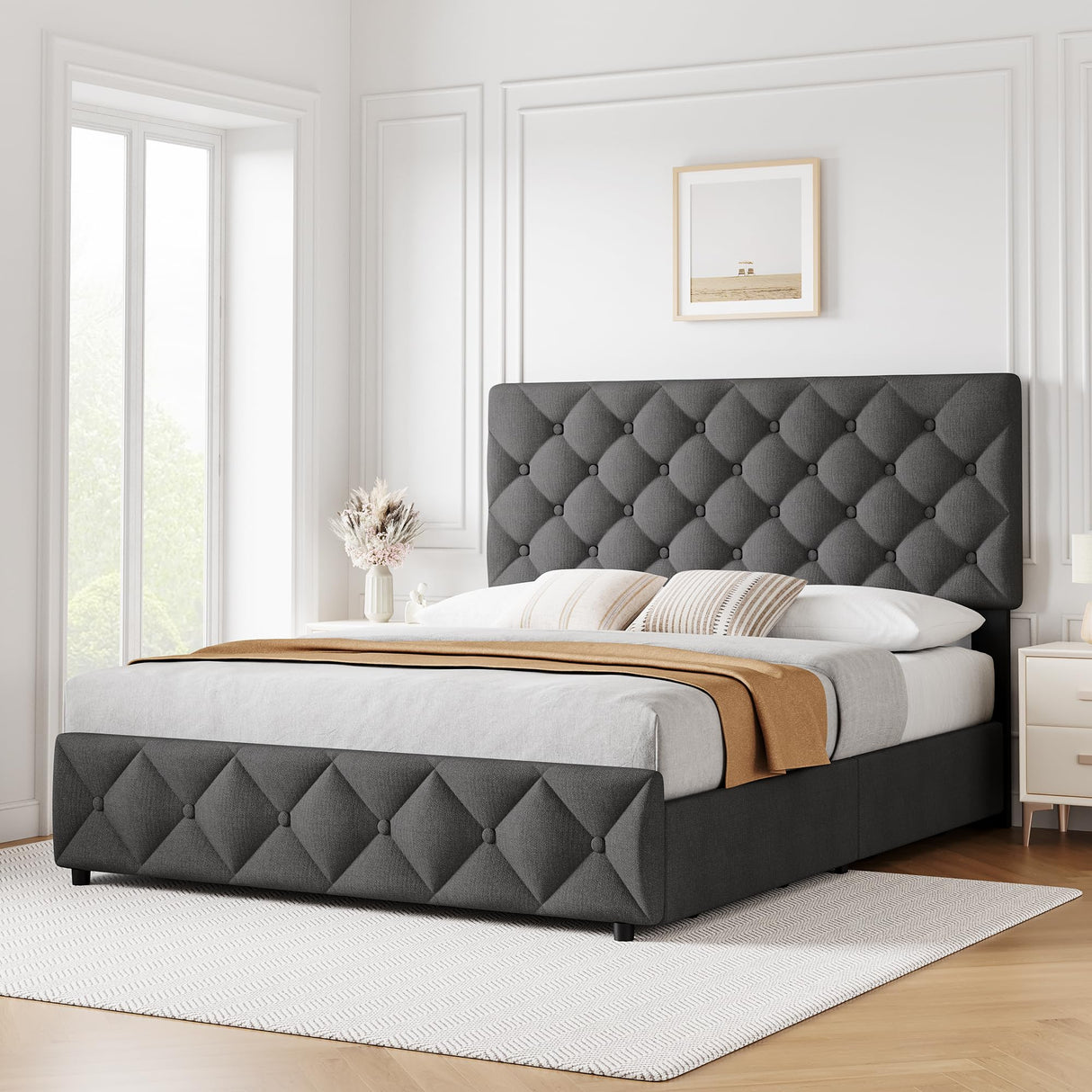 GAOMON Queen Size Bed Frame with 4 Storage Drawers and Headboard, Linen Upholstered Platform Bed Frame, Diamond Stitched Button Tufted, No Box Spring Needed, Dark Grey GAOMON