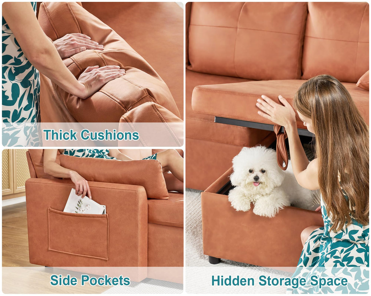 PaPaJet Sofa Bed, Sofa Sleeper with Storage Chaise, L Shape Pull Out Couch Bed, Oversized Sofas for Living Room-Brown Leathaire PaPaJet