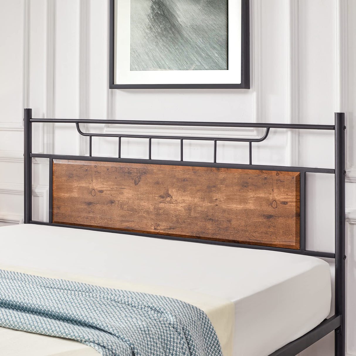 VECELO Rustic Industrial Queen Platform Bed Frame with Wood Headboard - No Box Spring Needed, Brown VECELO