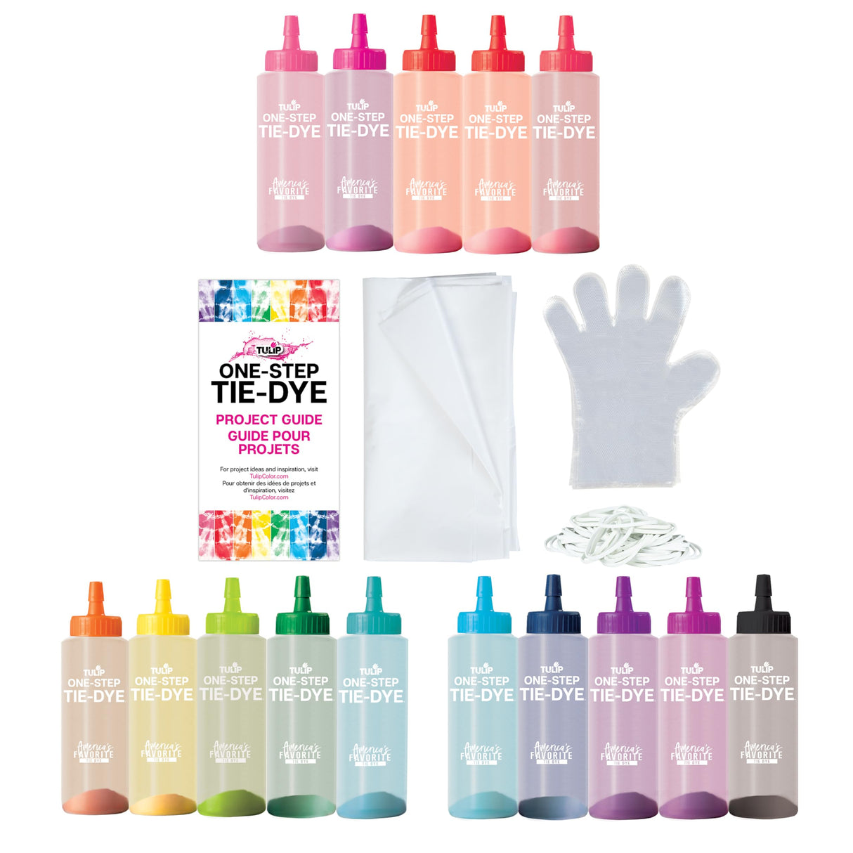 Tulip One-Step Tie-Dye Kit Party for 5, Large Party Activity, Arts & Crafts Gift, Vibrant Colors, Permanent Fabric Dye, Easy Clean-up, 8 Fun Techniques Included, 15 Prefilled Full Size Bottles Tulip