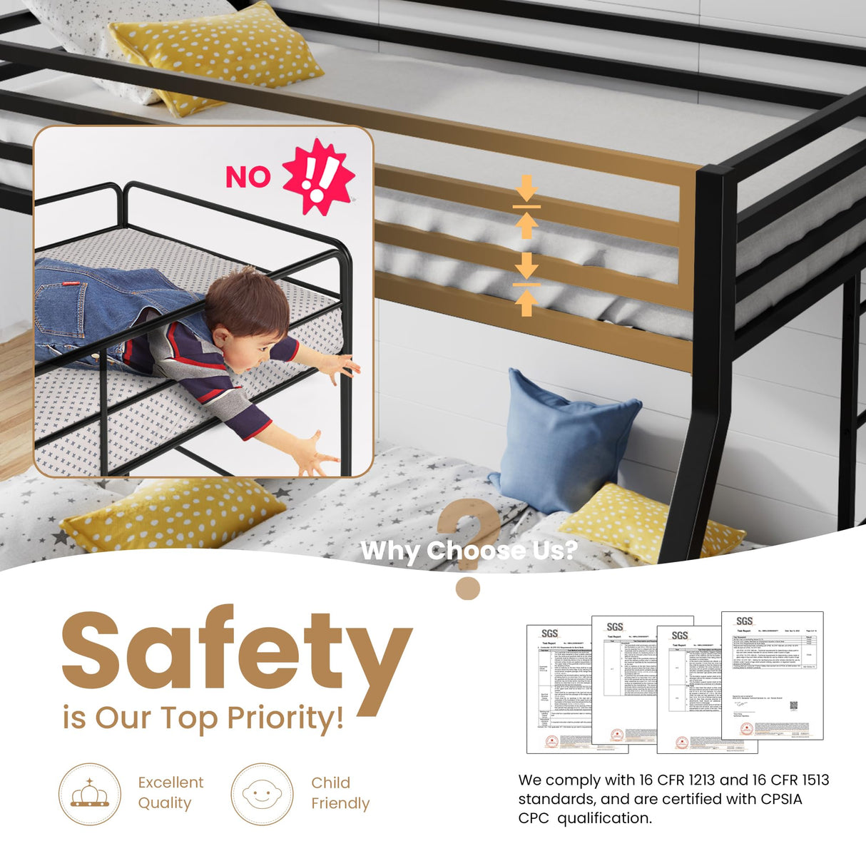 SHA CERLIN Loft Bunk Bed Twin Over Full Size with Ladder and Guardrail,Heavy Duty Metal Slats Support No Box Spring Needed Small Space Saving Furniture for Bedroom Dorm,Black SHA CERLIN