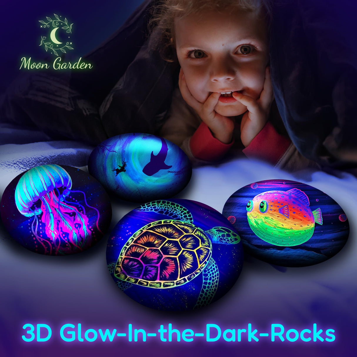 Glow in The Dark Ocean Rock Painting Kit, Arts and Crafts Painting Rocks for Kids, Kids Craft Paint Kits, Craft Activities Kits, Arts and Crafts Gifts for Boys Girls, Birthday Gift, Ages 6 and up Moon Garden