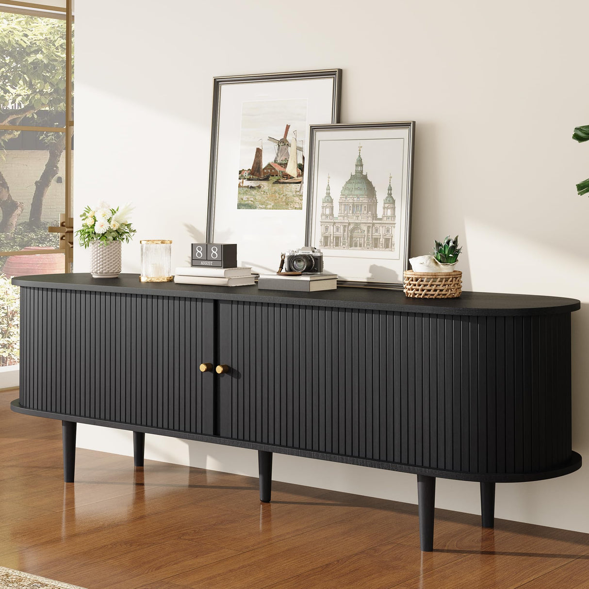 LUXOAK 70" Mid-Century Modern TV Stand with Tambour Door, TV Console with Solid Wood Legs for TVs up to 80", Fluted Entertainment Center with Storage for Living Room, Black LUXOAK