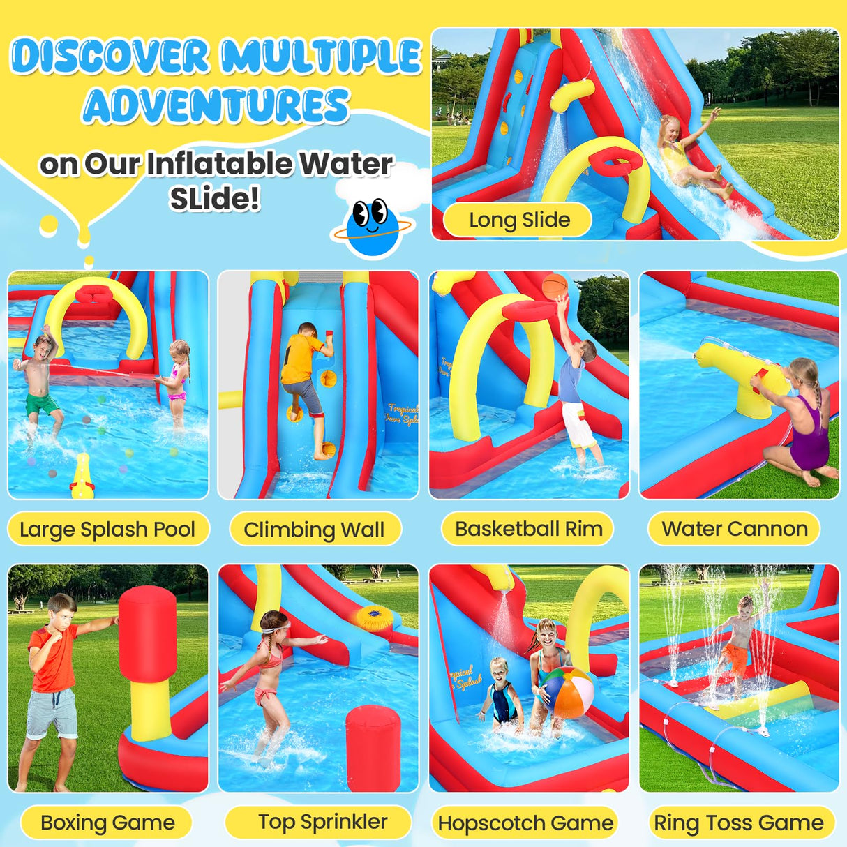 Whubefy Inflatable Water Slide Bounce House, 13.2x10Ft 13-in-1 Bounce House Obstacle Course Waterslides, Summer Fun w/Boxing Pole/Slide/ 10+ Accessories, Inflatable Water Slide for Kids Outdoor Whubefy