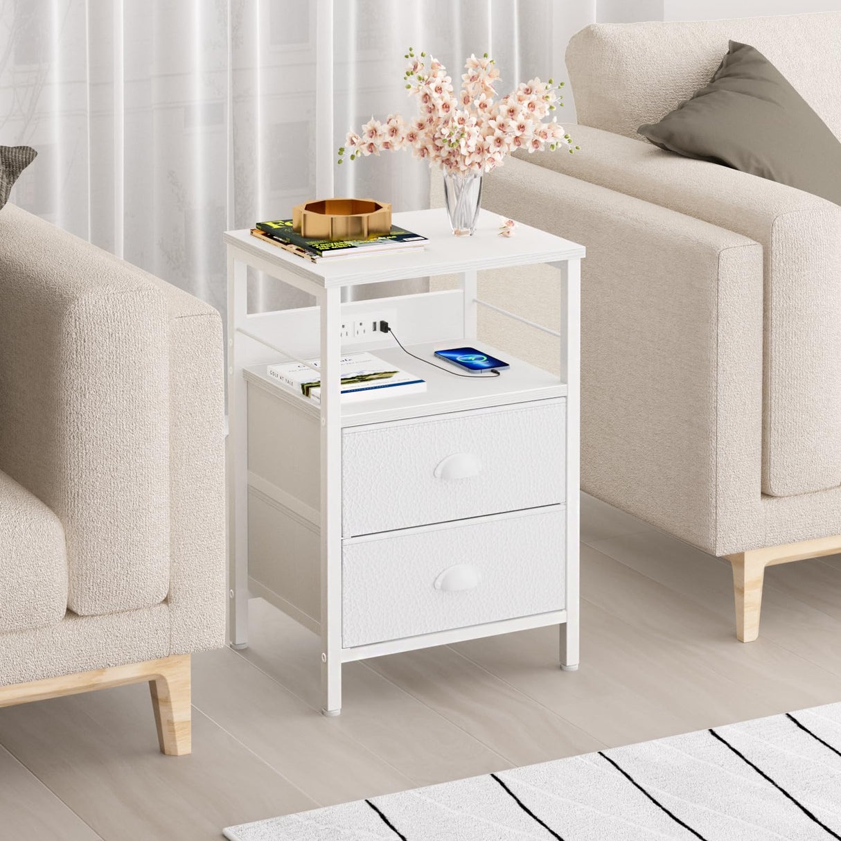 Furologee End Table with Charging Station, Nightstand with Fabric Drawers, Side Tables with USB Ports & Outlets, Night Stand with Storage Shelf & Hooks, for Living Room/Bedroom, White Furologee