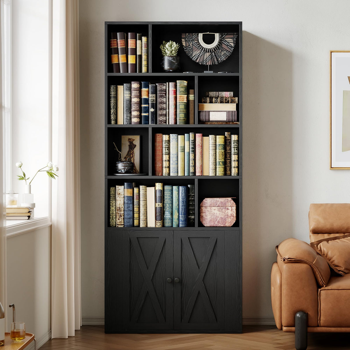 IRONCK Bookcase with Doors, Tall Bookshelf with Storage, Bookshelves and Bookcases with 8 Open Cubes for Living Room, Bedroom, Office IRONCK