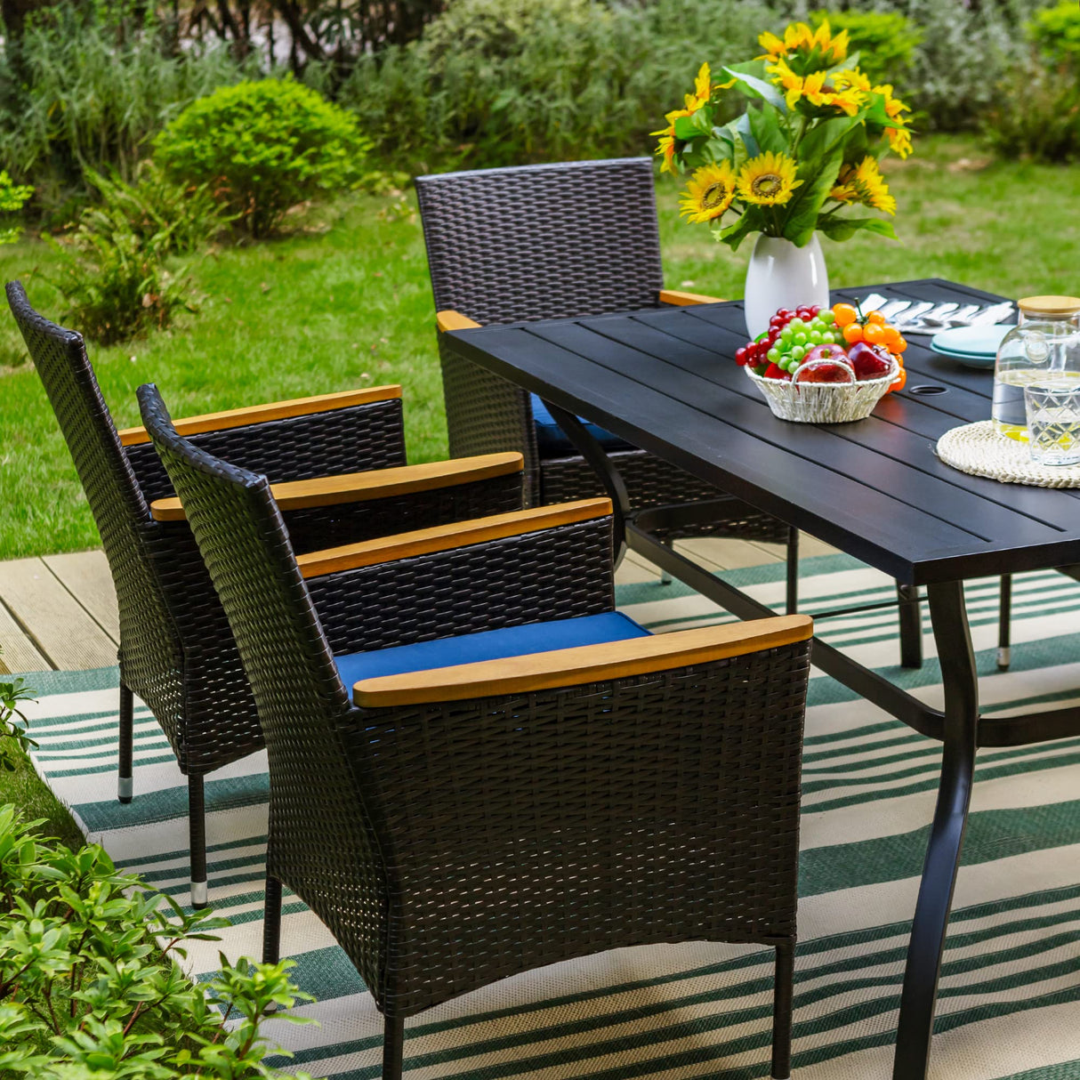 Sophia & William 7 Pieces Patio Dining Set with 13ft Navy Patio Umbrella, Outdoor Dining Set for 6 People, 60” Metal Patio Table and Rattan Chairs, Outdoor Patio Furniture with Seat Cushion Sophia & William