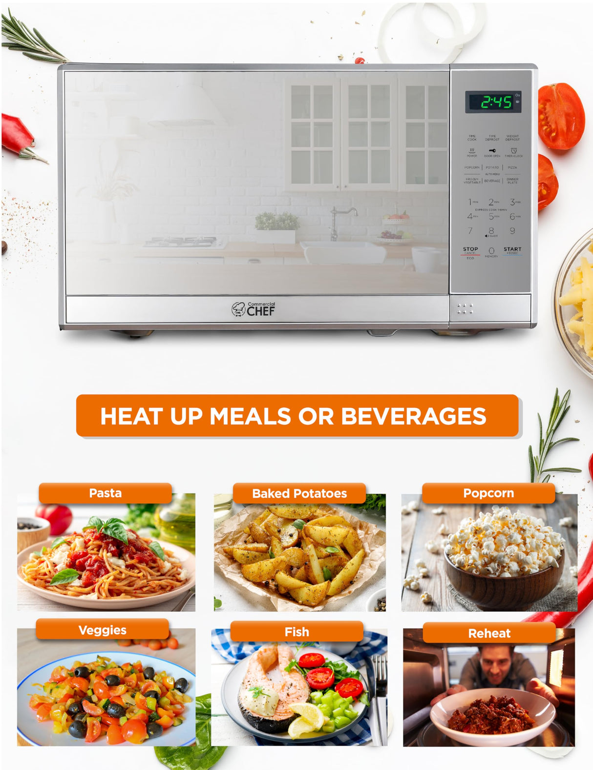 COMMERCIAL CHEF 0.7 Cu Ft Microwave with 10 Power Levels, 700W Microwave with Digital Display, Countertop Microwave with Child Safety Door Lock, Programmable with Push Button, Stainless Steel Commercial CHEF