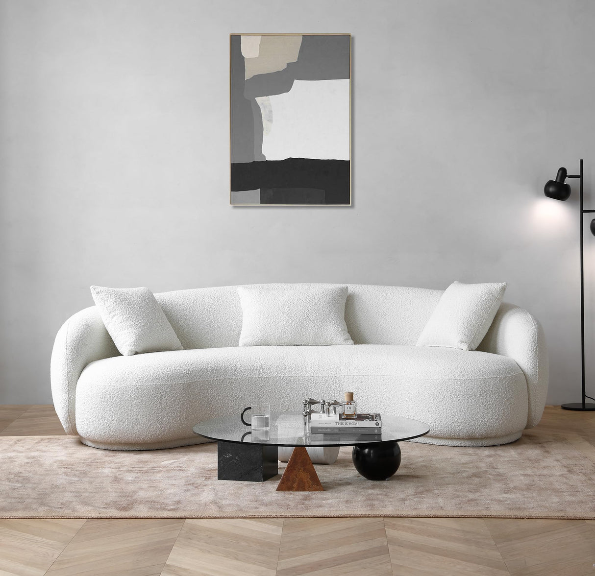 Acanva Modern Curved Sectional Living Room Couch, Minimalist Comfy Boucle Fabric Modular Sofa for Apartment, Home Office, 3-Seater, White Acanva