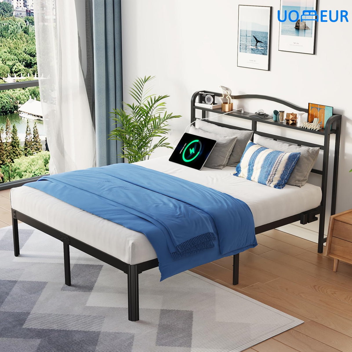 UOMEUR Queen Size Bed Frames with Smart Outlet and Galaxy Holographic Projection Lights,47.6" H Heavy Duty Metal Headboard,17" Hidden Storage,No Box Spring Needed/Noise-Free/Easy Assembly UOMEUR