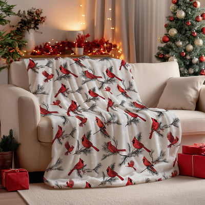 Horaldaily Christmas Flannel Blanket Throw, Cardinal Bird Pine Cone Soft Fuzzy Plush Cozy Fleece Blankets for Couch Sofa Bed Lounging, Ideal Gifts for Kids Adults Wife Self, 50x60