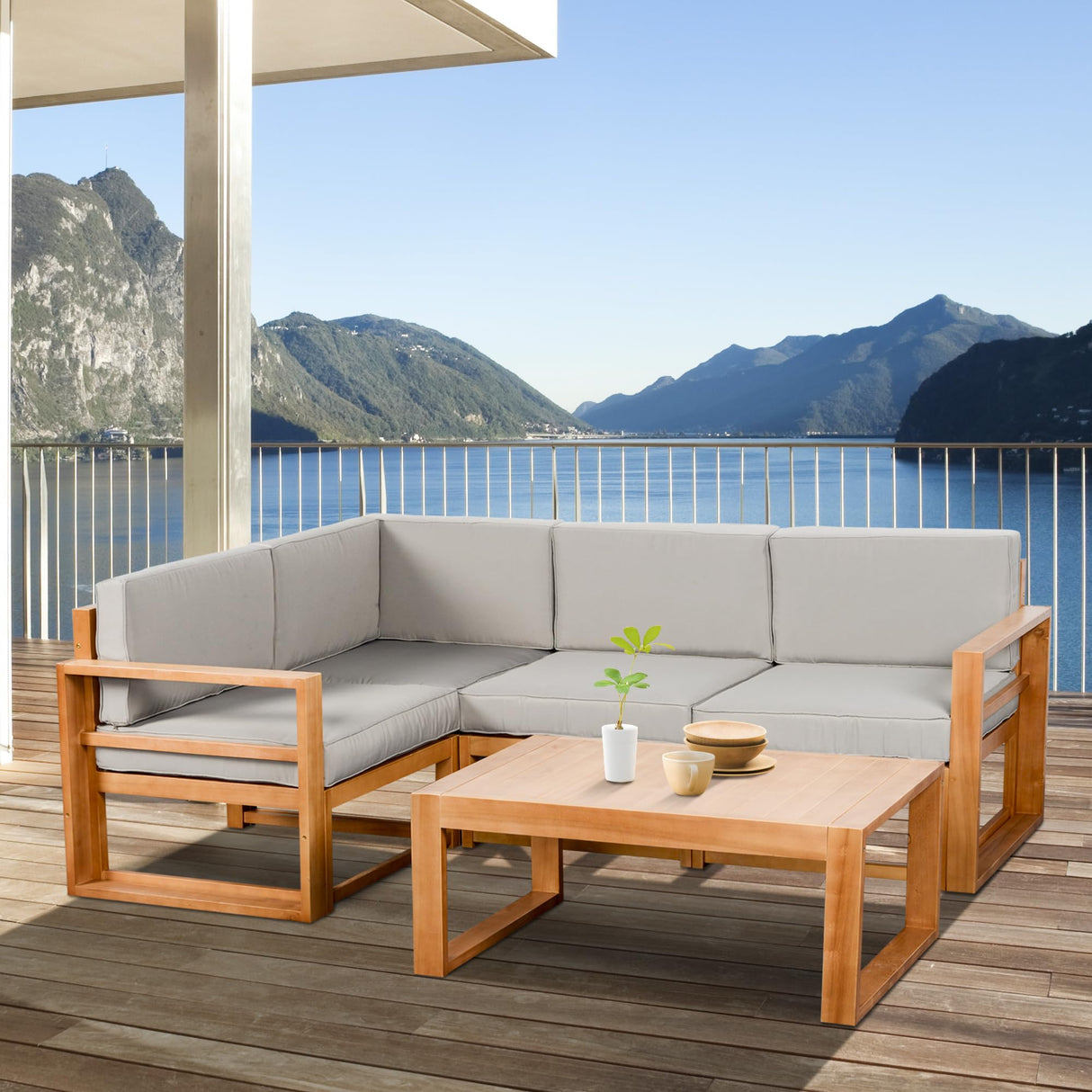 Outsunny 4 Seater L Shaped Patio Furniture Set with Coffee Table and Cushions, Wood Outdoor Sectional Sofa Conversation Set for Garden, Backyard, Porch and Poolside (Gray) Outsunny