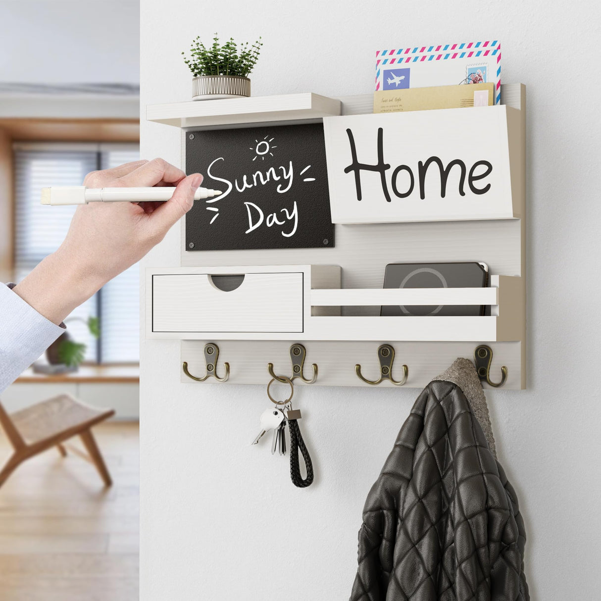 Farmhouse Key Holder for Wall with Mail Organizer - Easy Installation Wall Mount Organizer, Includes Chalkboard, Drawer, Wallet Holder & 4 Double Hooks, Ideal for Entryway, Quick Access - White Dvobez