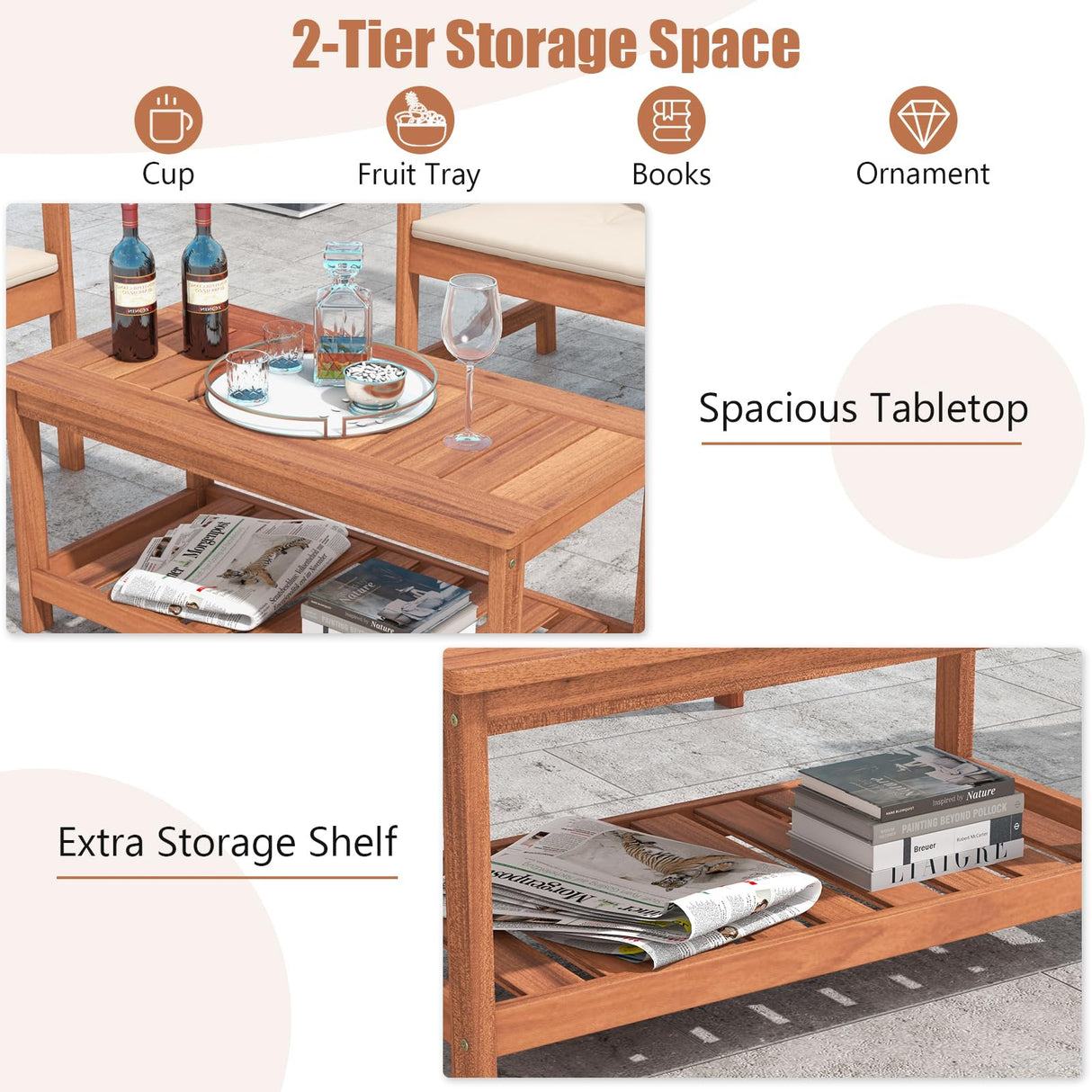 Tangkula Wood Outdoor Patio Coffee Table, 2-Tier Coffee Table with Slat Tabletop, Storage Shelf, Rectangle Patio Furniture for Garden Backyard Conversation (Natural) Tangkula