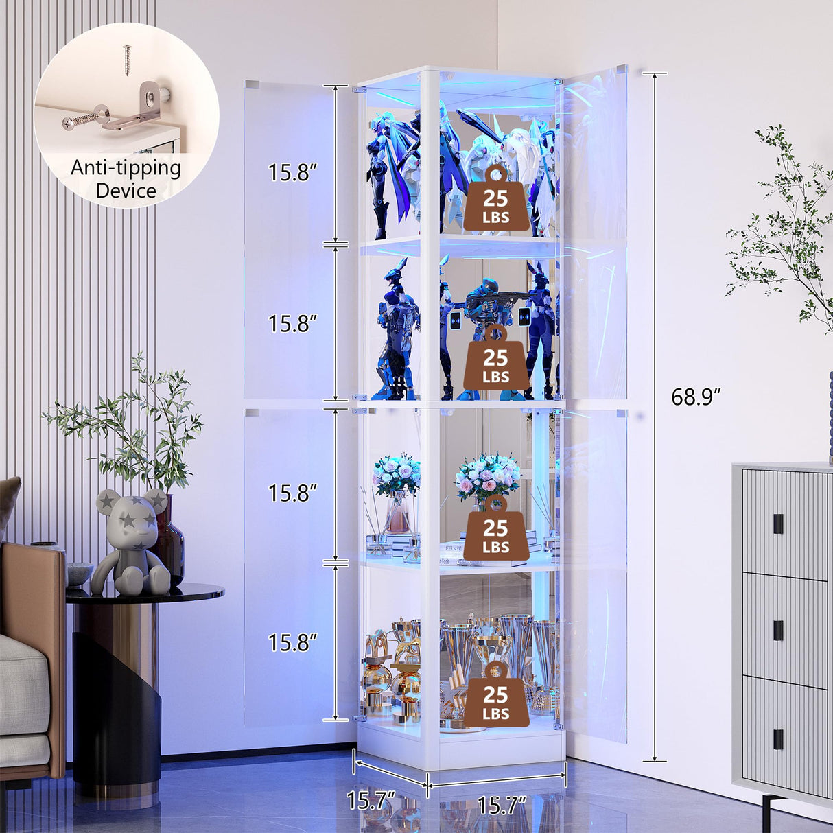 Corner Display Cabinet with Glass Doors, 68" Display Case with LED Lights, 4-TierCurio Cabinets for Collectibles/Toys/Books, Mirrored Storage Cabinet, White Dystler
