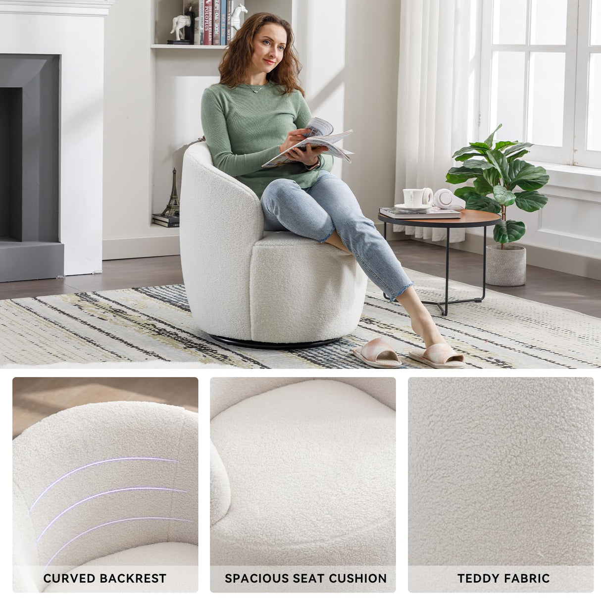 FOXHUNTER Swivel Barrel Chair, 360° Small Single Sofa Armchair Comfy Round Sofa Chair, Boucle Chairs Padded Armchair, Modern Round Accent Arm Chairs for Living Room Bedroom, Teddy Ivory FOXHUNTER