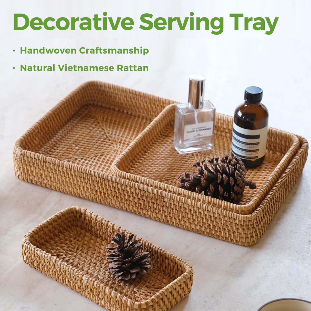 Rattan Serving Tray, Rectangle Rattan Basket Set of 3, Wicker Storage Basket Wicker Baskets for Organizing, Natural Basket Tray Decorative Basket Woven Tray for Home Decor Bathroom Kitchen Counter S310