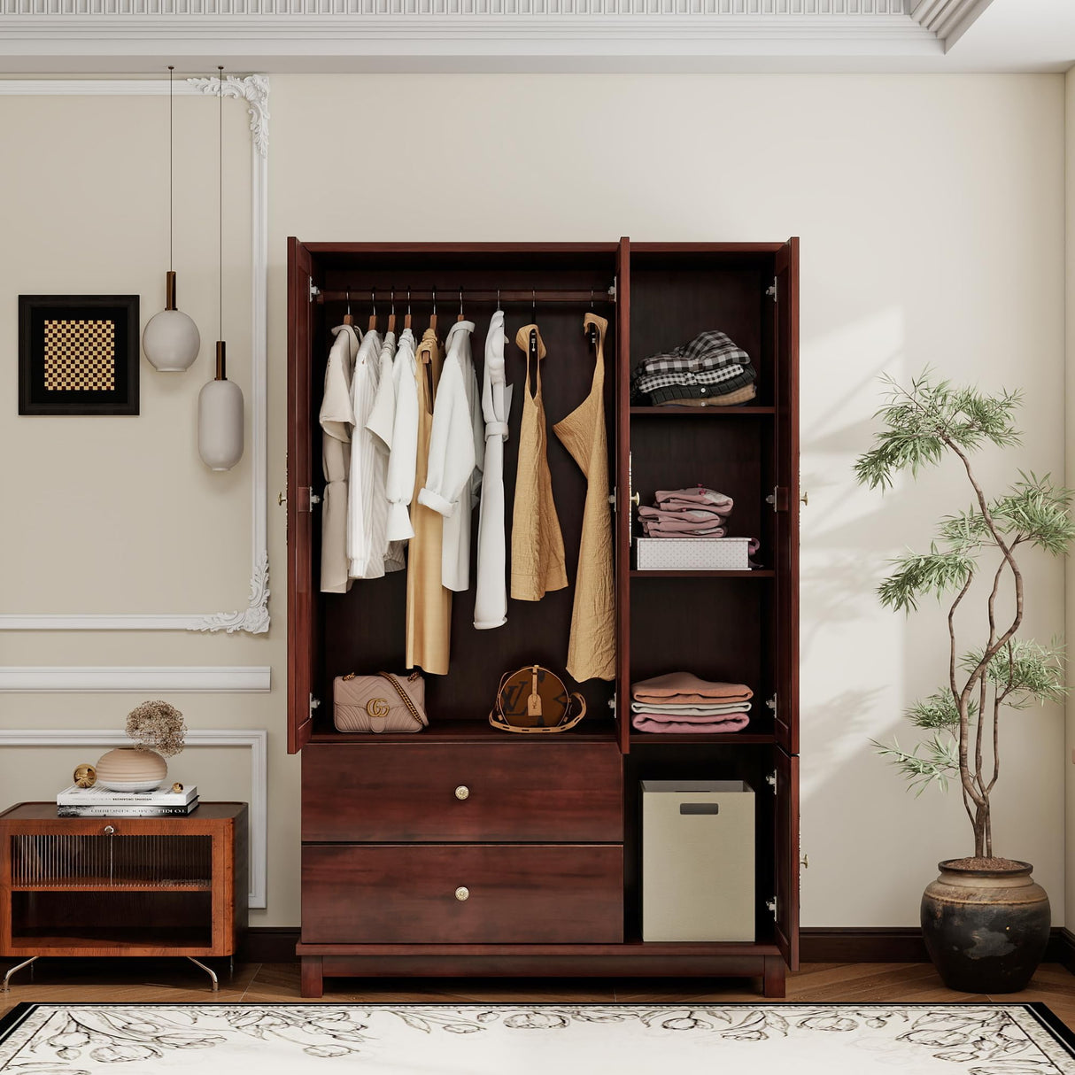 EITACHUL Solid Wood Brown Armoire Wardrobe Closet: 3 Door Solid Wood Wardrobe Cabinet with 2 Drawers, Armoire Closet with Hanging Rods Storing Clothes for Bedroom EITACHUL
