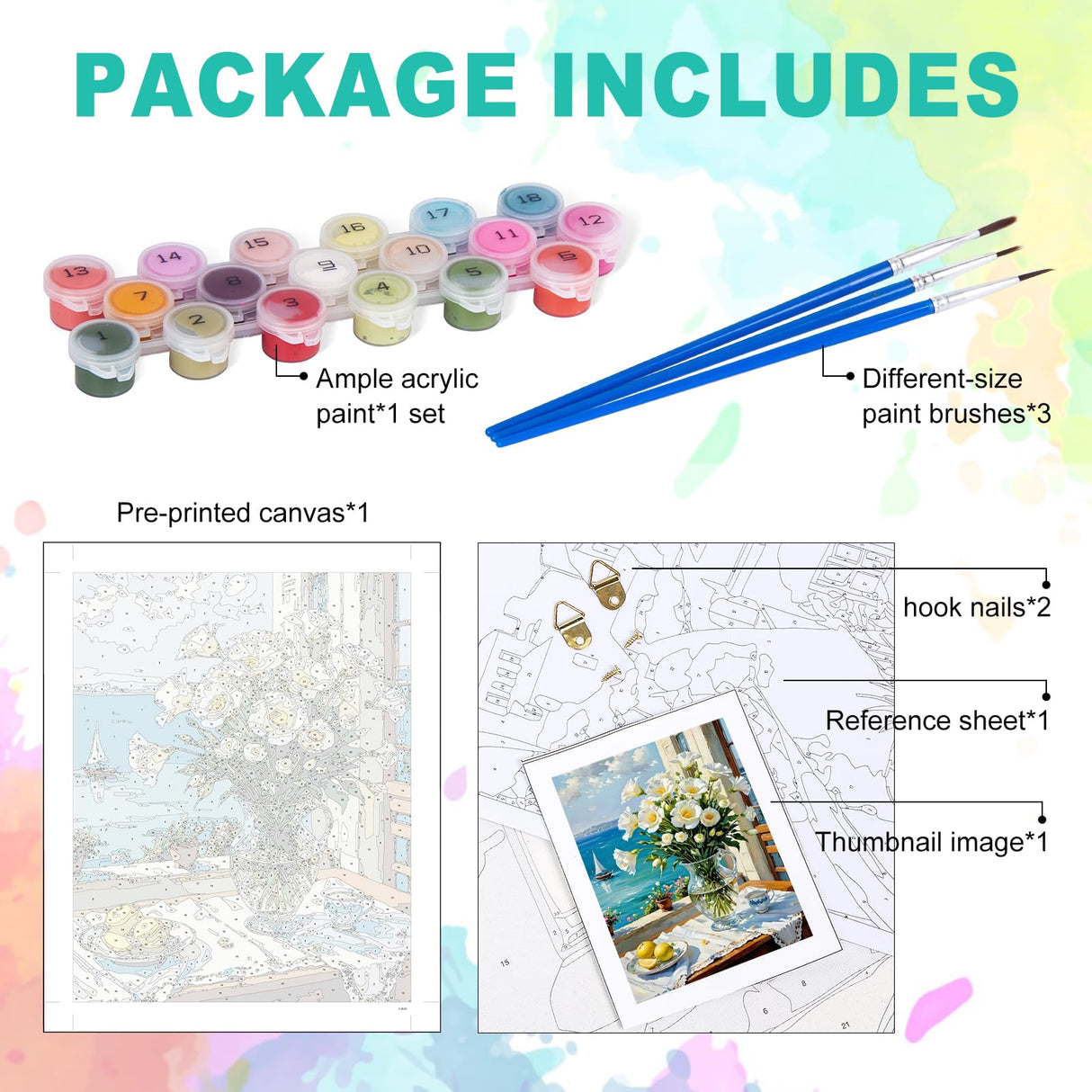 Paint by Numbers Kit for Adults - White Flower in Glass Vase Adult Paint by Number Kits on Canvas for Beginner, Sea DIY Acrylic Oil Number Painting for Adults, Perfect for Home Decor Gift 16x20 Inch GEEHEIY