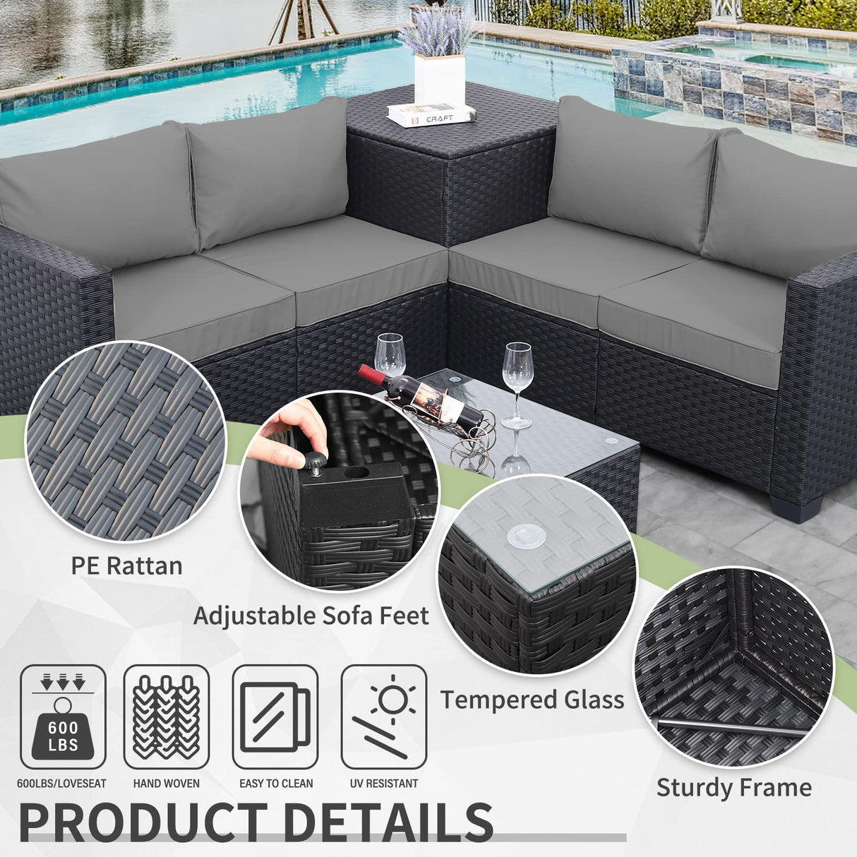Outdoor PE Wicker Patio Furniture Set 4 Piece Black Rattan Sectional Loveseat Couch Set Conversation Sofa with Storage Box Glass Top Table and Non-Slip Grey Cushion WAROOM