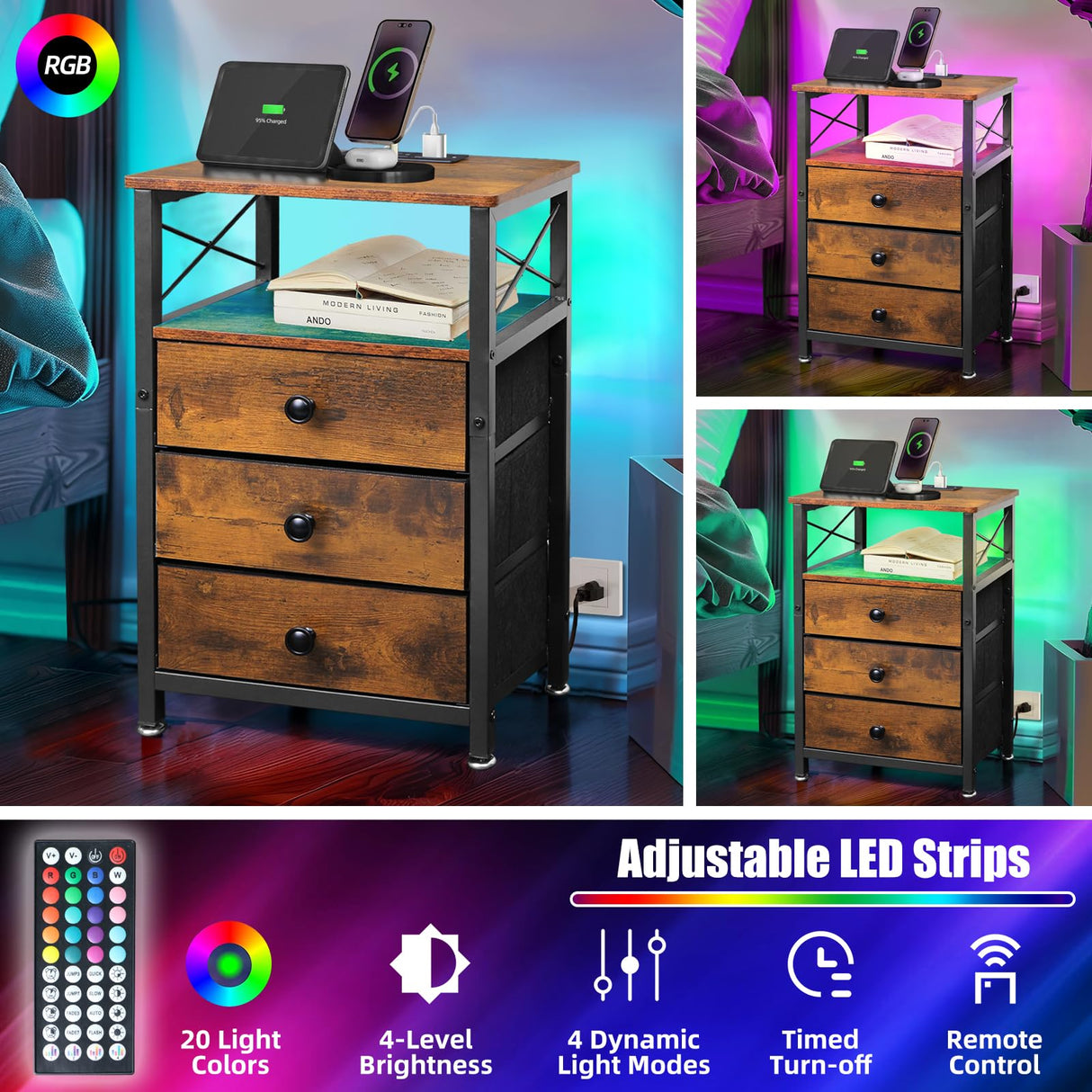 3 Drawer Wood and Metal Nightstand with LED Lights - 16"Wร12"Dร24"H Small Wood End Table with Charging Station, 20 Colors LED Bedside Table with Open Shelf, 3 Fabric Drawers with Wooden Front Panel Caredear