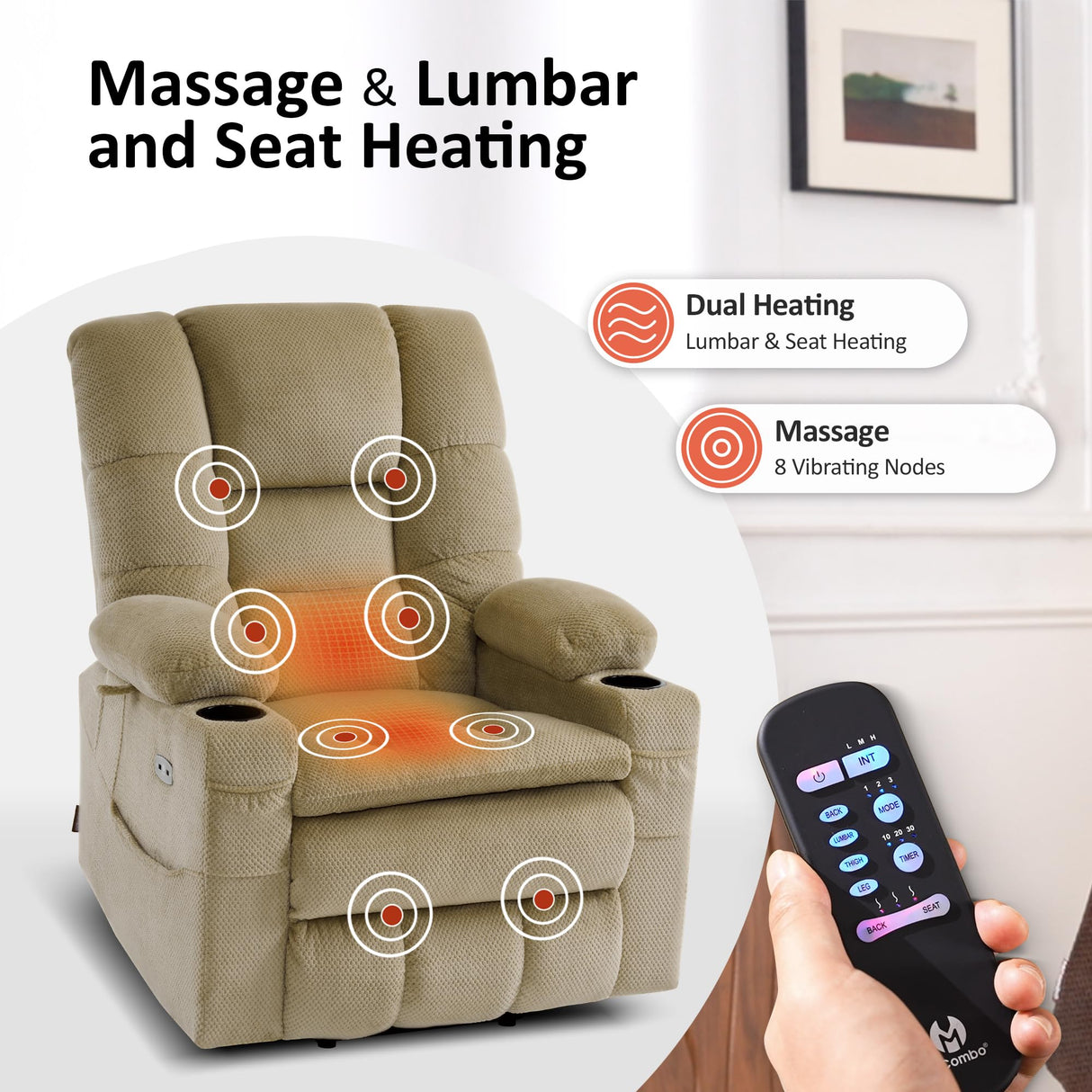 MCombo Large Triple Motor Power Lift Recliner Chair with Massage and Dual Heating, Adjustable Headrest for Tall Elderly People, Fabric 7634 (Beige, Large) MCombo