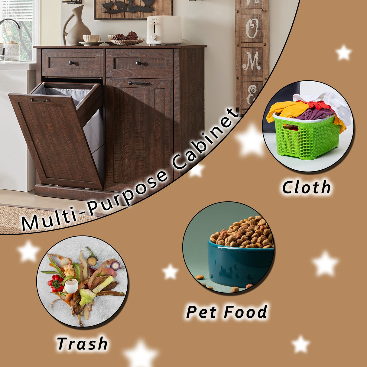 IFGET Double Tilt Out Trash Cabinet, Hidden Wooden Trash Can Cabinet, Farmhouse Laundry Hamper Cabinet, Trash Garbage Can Bin Cabinet with Storage Basket for Living Room, Kitchen, Brown IFGET