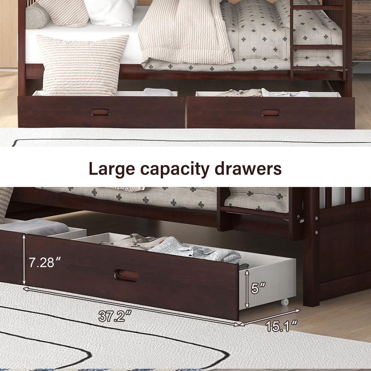 Merax Wood Bunk Bed with Drawers, Full Over Full Convertible Wood Bunk Bed with Ladders and Two Storage Drawers,Solid Wood Detachable Bunk Bed Frame with Ladders, Espresso Merax