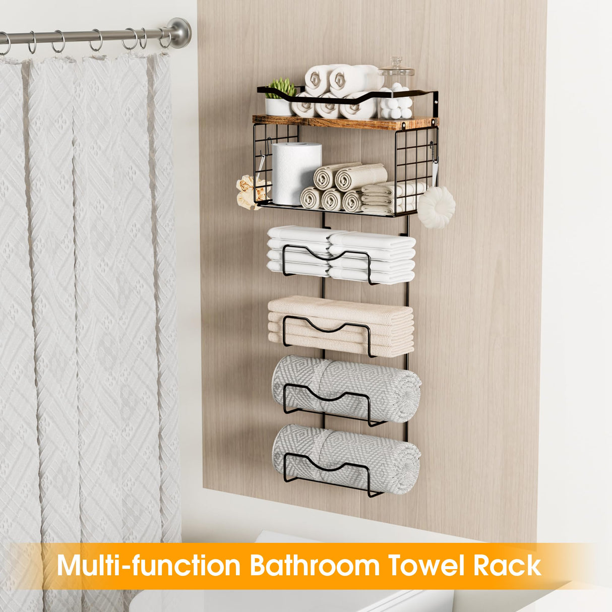 Towel Racks for Bathroom,Towel Rack Wall Mounted, 6 Tier Rolled Or Folded Towel Holder with Floating Shelves, Bathroom Towel Holder for Bath, Hand Towels,Metal and Wood LIDTOP