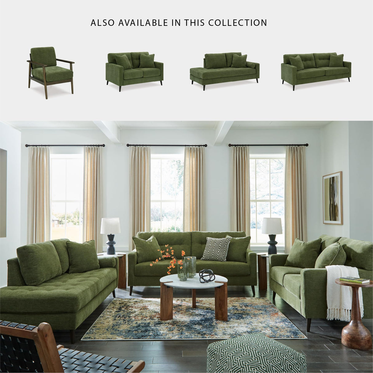 Signature Design by Ashley Bixler Mid-Century Modern Tufted Sofa with 2 Toss Pillows, Green Signature Design by Ashley