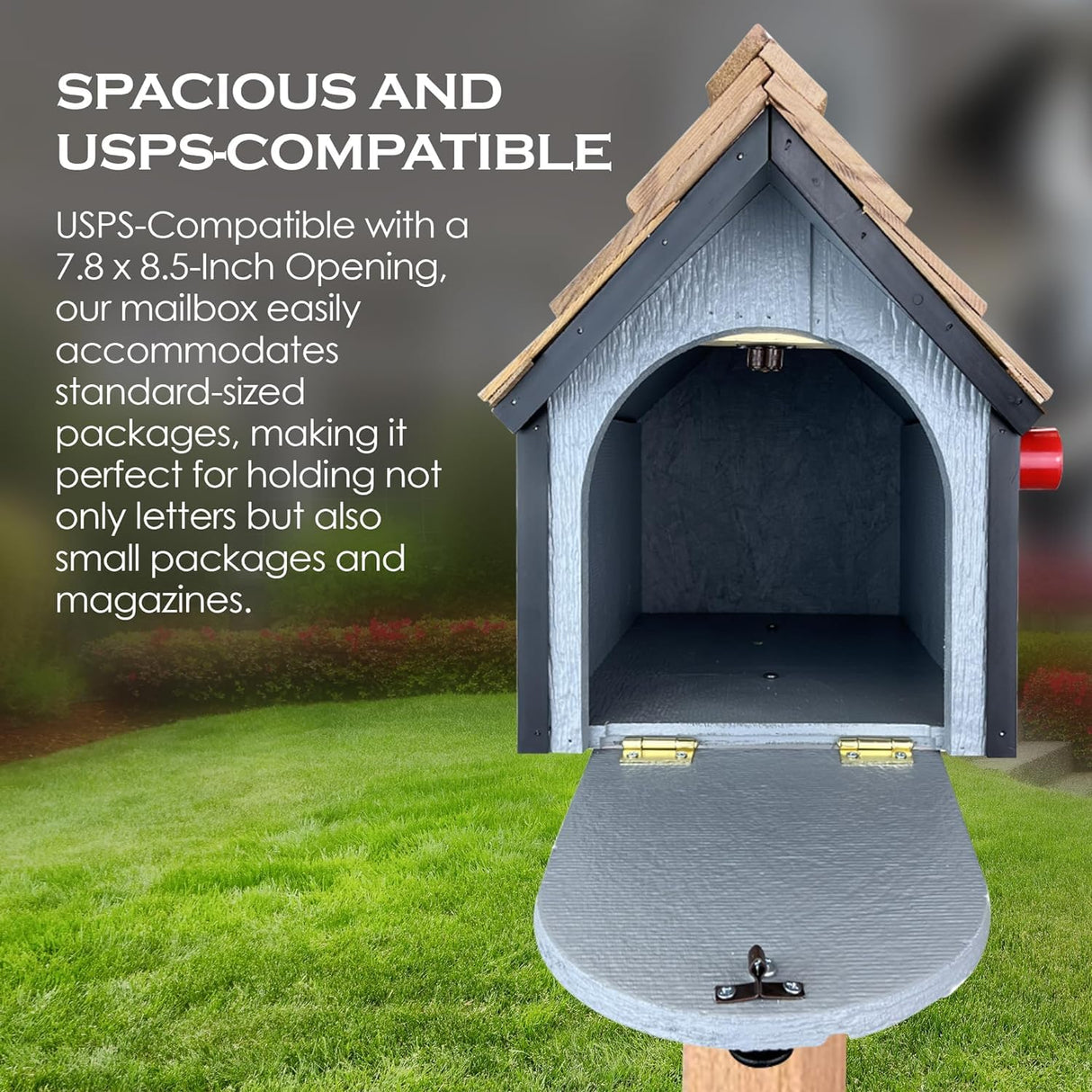 Peaceful Classics Amish Cedar Roof Wooden Mailbox with Window & Door Trim, Handcrafted Mailboxes for Outside, Post Mount Residential Mailboxes - (Gray & White, Wood) Peaceful Classics