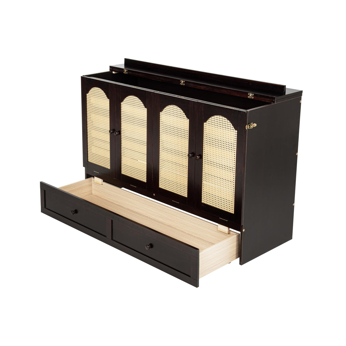 DNChuan Queen Size Murphy Cabinet Bed with Storage Drawer and Charging Station, Foldable Dresser Platform Bed with Oval Rattan Decoration Panel, Space Saving, Espresso DNChuan