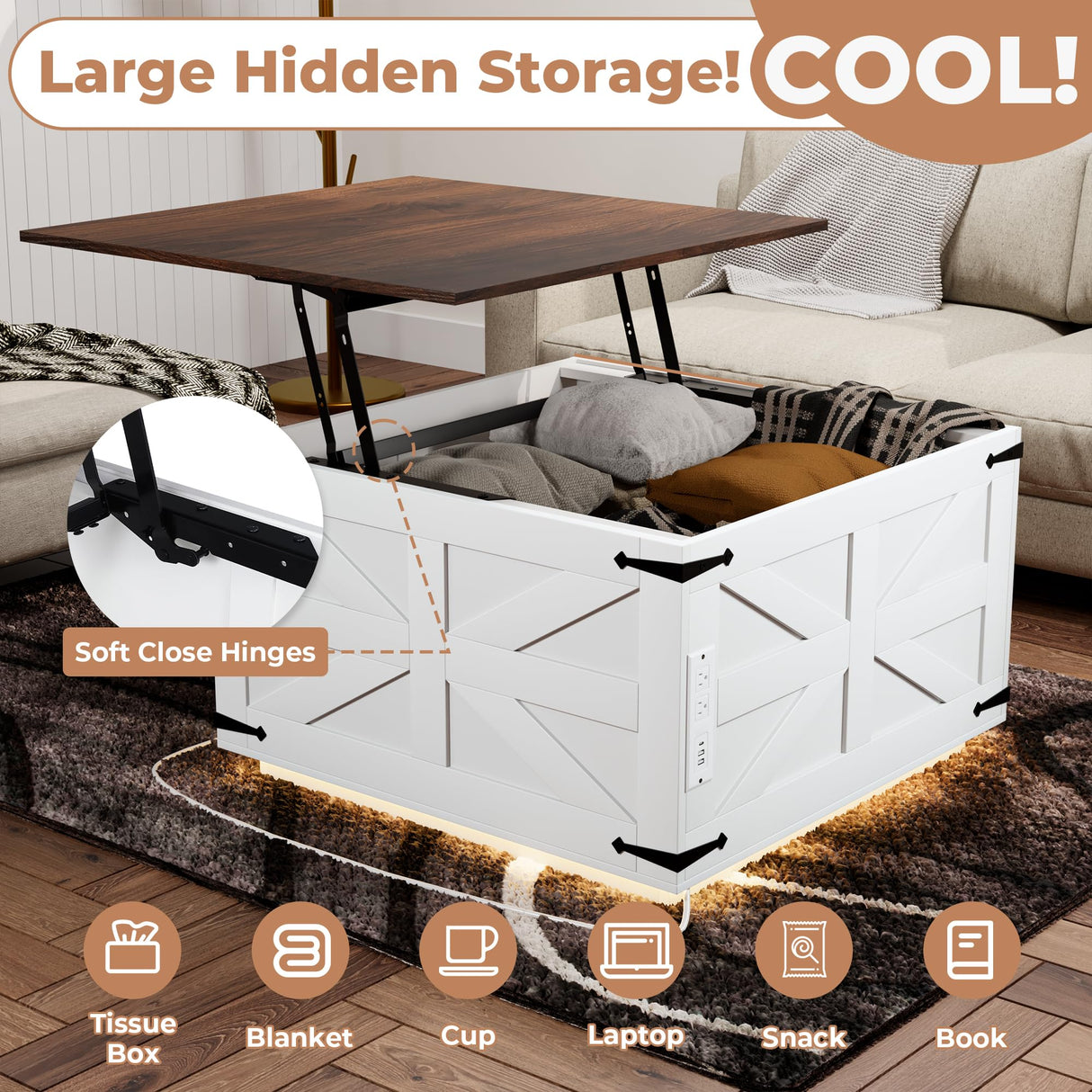 Lift Top Coffee Table with Storage Farmhouse Square Rustic Center Table for Living Room, LED Lights, Charging Station, Hinged Soft Close, Large Hidden Storage, Modern, Metal Corner, White Wood VVFLU