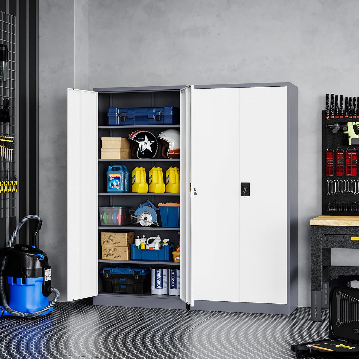 Yizosh Metal Garage Storage Cabinet with Lock, 71" Locking Tool Cabinet with 2 Doors and 5 Shelves, Tall Steel Cabinet for Garage, Heavy Duty File Cabinet for Office, School (Gray White) Yizosh