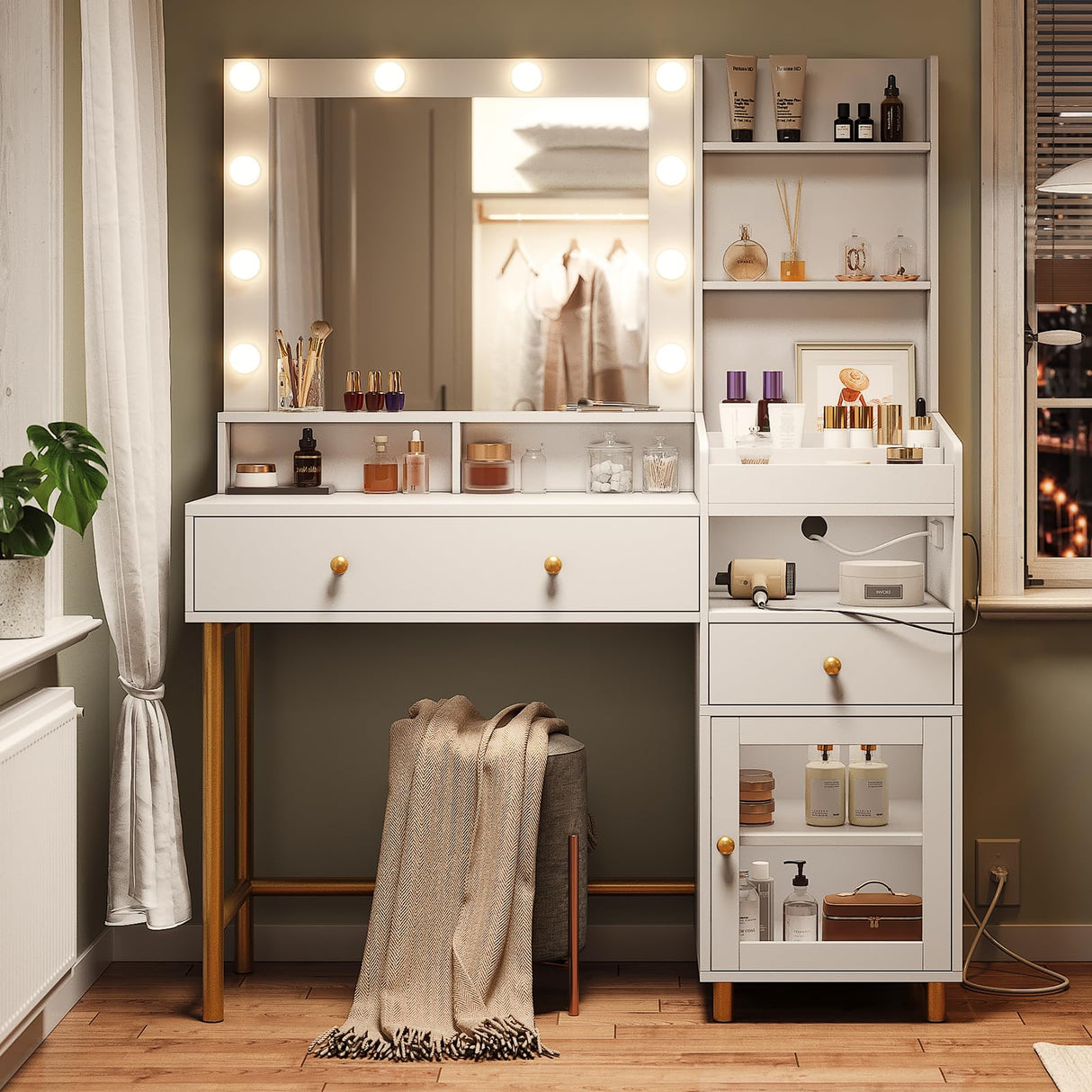 AOGLLATI Makeup Vanity with Lights in 3 Colors, Vanity Desk with Mirror and Lights, White Vanity Table with Charging Station, Makeup Desk with Unique Separation Design AOGLLATI