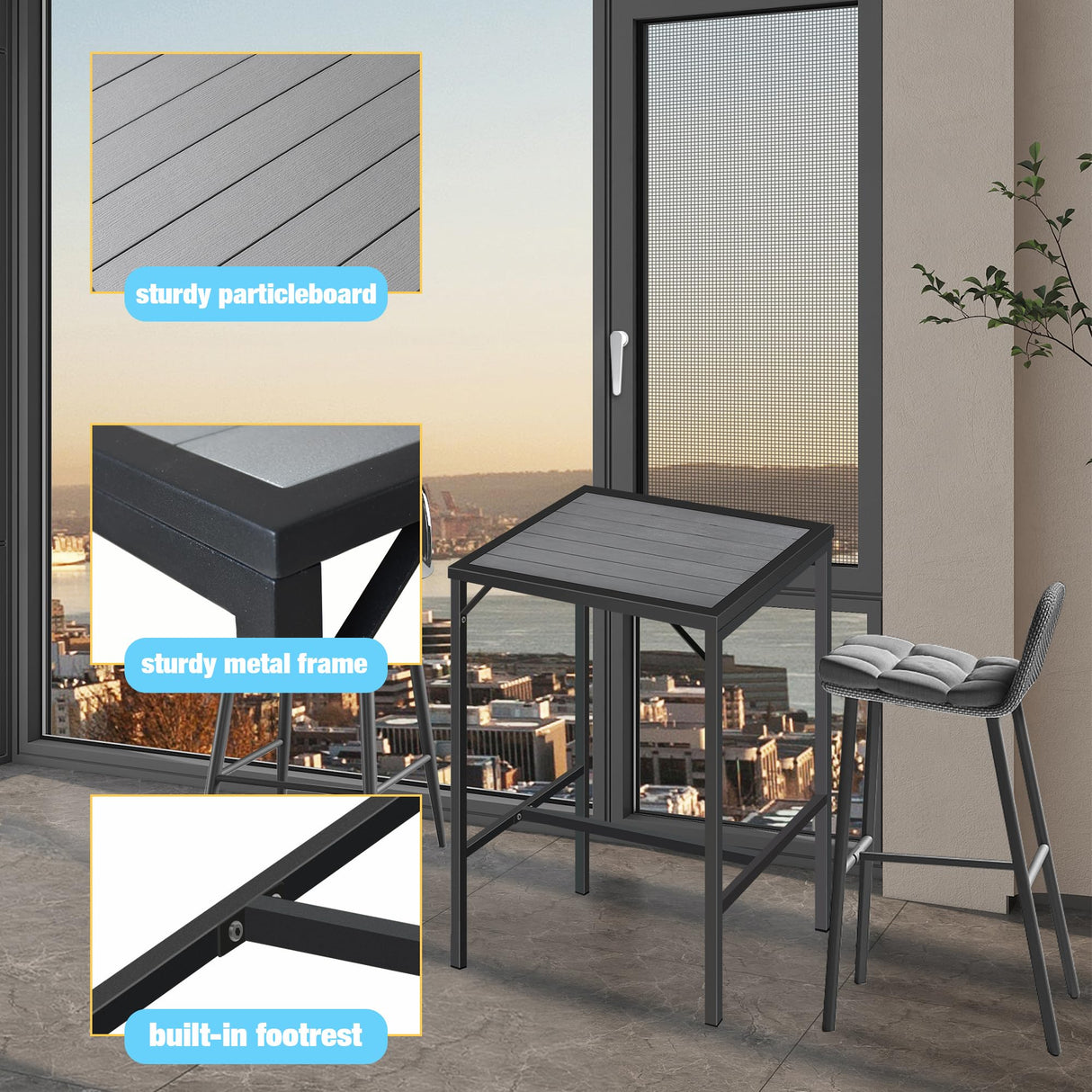 LZRS Outdoor Bar Table – 23.6" Square Heavy-Duty Steel Frame with Weather-Resistant HDPS Top,Durable Patio Bar Table for Garden, Balcony, Poolside, Grey LZRS