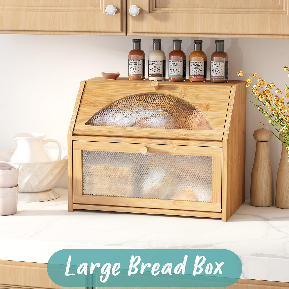 Vriccc Large Bread Box, Bamboo Wood Bread Box for Kitchen Counter, Double-layer Bread Storage Bin, Acrylic glass with Diamond Patterns Vriccc