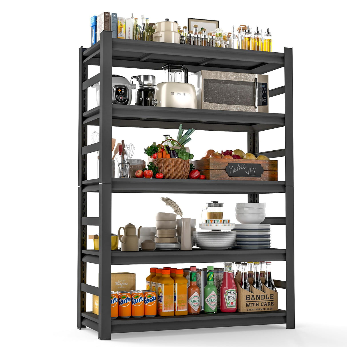 Notmise Kitchen Storage Shelves, Heavy Duty 5-Tier Kitchen Shelving, 63" H Metal Storage Unit with Adjustable Shelves, Free Standing Pantry Organization Shelf, for Kitchen, Pantry and Garage, Black Notmise